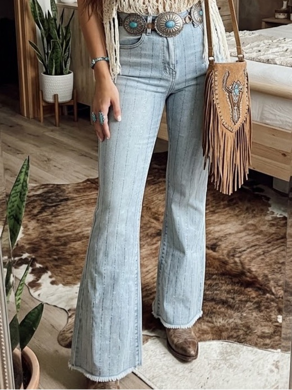 Blue Velvet Denim Rhinestone Pinstripe Flare Jeans Boho Coastal Cowgirl Small